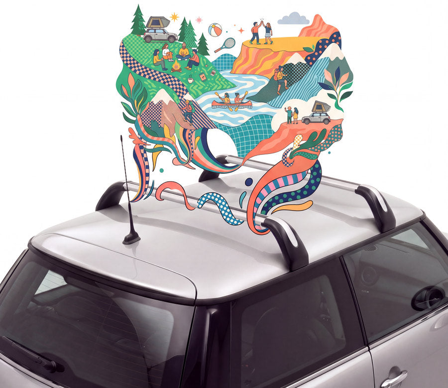 Conceptuele illustratie van reizen en kamperen boven een auto met dakdragers.