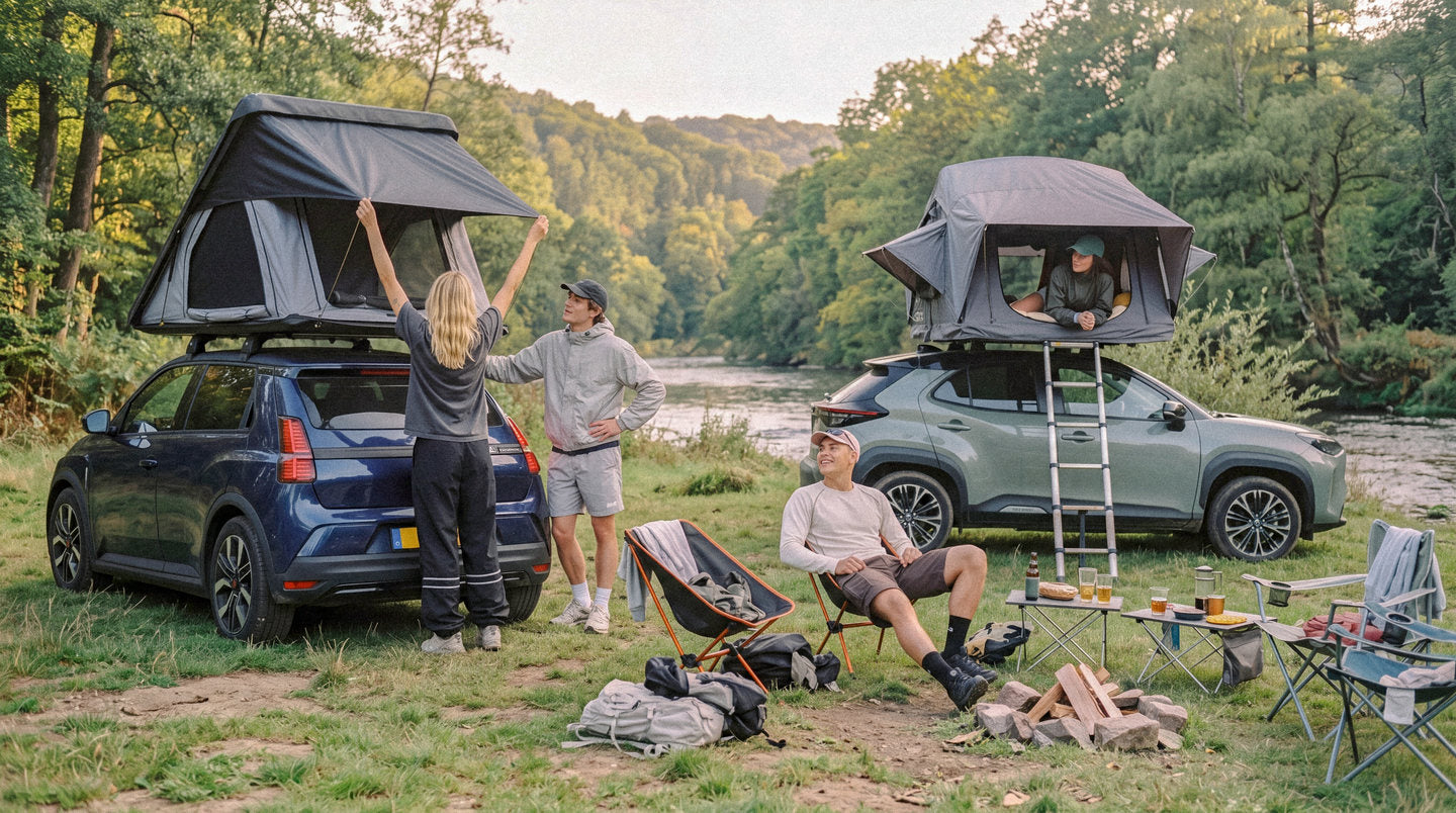 Twee auto’s met geopende daktenten en kampeerders op een kampeerplek.